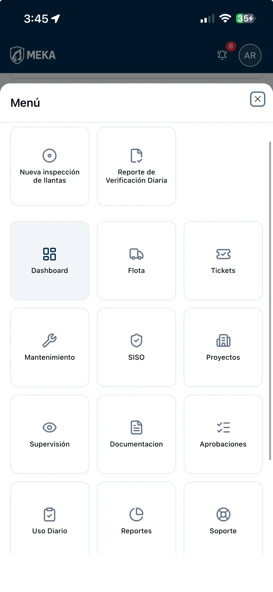 Menú de módulos de la app móvil de MEKA